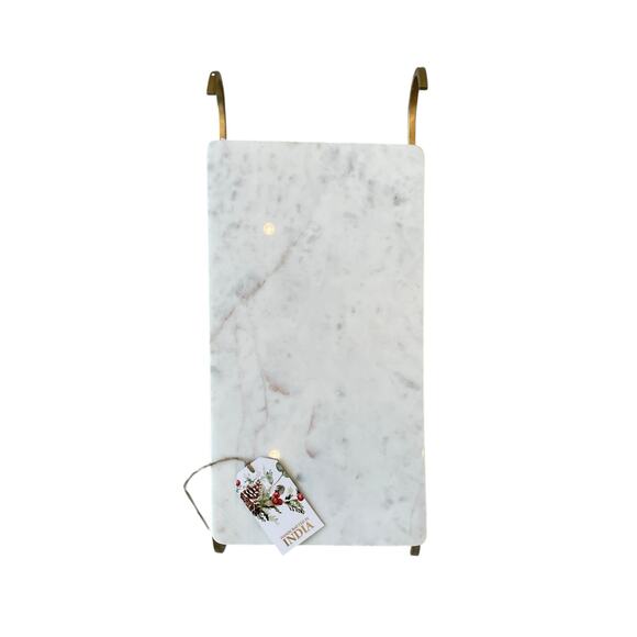 Marble Sledge Holiday Serving Tray 18x8 White & Gold Metal Handmade in India - Picture 5 of 15